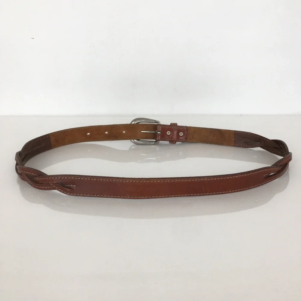 Genuine Leather Braided Belt Thin Brown Preppy Minimalist Western